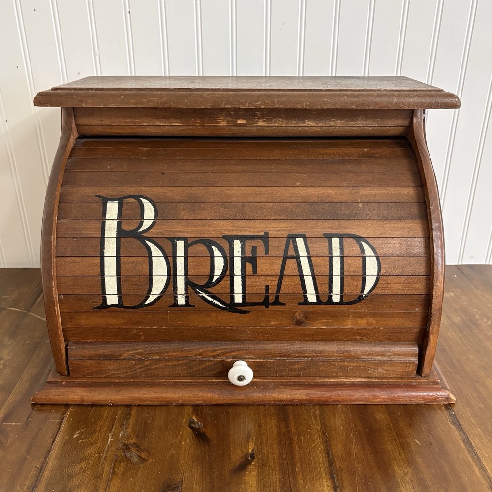 Vintage Wooden Bread Box Roll Top Storage Primitive Rustic Farmhouse Cottagecore